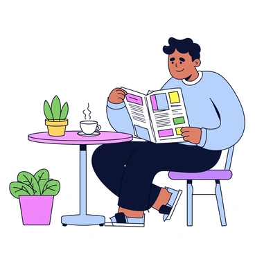 A person sitting at a small circular table on a café terrace. The person is wearing a light blue sweater and black jeans. In front of them is a steaming cup of coffee placed on a saucer. They are holding a newspaper with colorful headlines, looking intently at it. The table is adorned with a small potted plant and sunlight is casting soft shadows on the surface. The café is surrounded by green plants in decorative pots.
