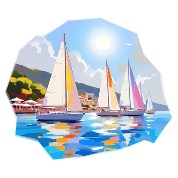 A vibrant sailboat regatta takes place on the sparkling blue waters of the French Riviera. Several sailboats of different sizes and colors can be seen gliding gracefully across the surface. The sails are billowing in the gentle breeze, showcasing shades of white, blue, and red. In the background, the sun shines brightly in a clear sky, illuminating the coastal landscape dotted with lush green hills and charming Mediterranean buildings. The water reflects the sunlight, creating a shimmering effect. Spectators watch from the shore, some waving and cheering as the boats race past.