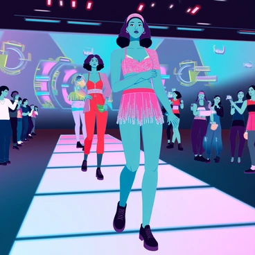 A virtual runway featuring a futuristic 3D fashion show. Digital avatars of diverse body types and skin tones are walking gracefully down the runway. Each avatar is adorned in unique, brightly colored outfits that blend traditional fashion designs with modern digital elements, such as glowing accessories and animated textures. The runway is illuminated with dynamic lighting effects, creating a vibrant atmosphere. Spectators are visible in the background, animated and engaged, while high-tech screens display vivid graphics related to the event.