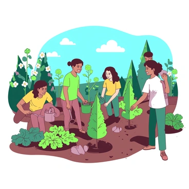 A group of volunteers is planting young trees in a community garden. Each volunteer is carefully digging small holes and placing the trees into the soil. Some volunteers are using shovels, while others are holding watering cans. The garden is filled with an array of vibrant green plants and flowers surrounding the newly planted trees. In the background, there is a clear blue sky with a few fluffy white clouds scattered. The volunteers are dressed in colorful t-shirts, and their expressions show determination and joy as they contribute to the green space.