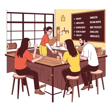 A group of four people is seated at a wooden bar inside a brewery in Brooklyn. Two men and two women are engaged in conversation while sampling various craft beers. Each person has a small glass in hand filled with different colored beers. The bar is adorned with rustic decorations, including barrels and beer taps. Behind them, a chalkboard displays the names and descriptions of the craft beers available. Large windows let in natural light, creating a warm atmosphere. A bartender is seen in the background, pouring beer from a tap into a glass.