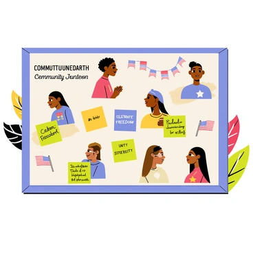 A community memory board with a rectangular wooden frame. The board is filled with colorful photographs showcasing people celebrating Juneteenth. There are handwritten notes attached in various colors, each expressing messages of remembrance and freedom. Some notes feature phrases like "Celebrate Freedom" and "Unity in Diversity." The background has decorative elements like small American flags and vibrant red, green, and black fabric pieces symbolizing African heritage. The overall composition conveys a sense of community spirit and celebration.