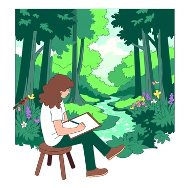 An artist with curly brown hair is sitting on a wooden stool in a lush green forest. The artist holds a sketchpad on their lap and is drawing a vibrant scene filled with tall trees that have dark green leaves and a variety of colorful flowers blooming at their bases. Sunlight filters through the branches, casting dappled shadows on the forest floor. A small bird is perched on a nearby branch, observing the artist's work. In the background, a gentle stream winds through the trees, reflecting the sunlight. The artist's concentration is evident as they carefully outline the details of this enchanting woodland landscape.