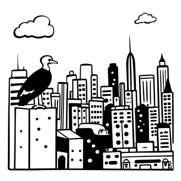 A turkey vulture with detailed feathers is perched on the edge of a skyscraper, its wings slightly spread. Below, a bustling cityscape is visible with numerous buildings of varying heights, busy streets filled with cars, and small figures of people walking. In the background, more skyscrapers fill the horizon, showcasing the dense urban environment. A few clouds are scattered across the sky, adding depth to the scene.