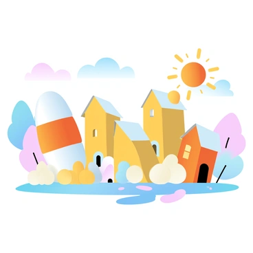 A small town with buildings and streets made of candy corn