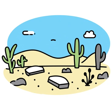 A deserted graveyard, featuring worn tombstones scattered across the sandy ground. The grave markers are weathered and uneven, some partially covered by shifting sands. Surrounding the graveyard are various cacti and desert plants, including tall saguaro cacti with their distinctive arms raised towards the sky. The sky is a clear blue, and a few wispy clouds float above the desolate scene. In the background, gentle hills rise up, adding depth to the wilderness landscape.
