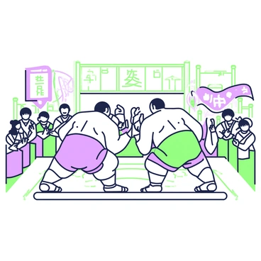 A sumo wrestling match is taking place in a traditional arena. In the center of the ring, two sumo wrestlers are engaged in a fierce contest. The first wrestler has a robust build and is wearing a mawashi, showcasing his muscle definition. The second wrestler, equally formidable, is preparing to charge forward, his stance low and focused. Surrounding the ring, spectators are seated, some clapping and cheering, while a few hold banners supporting their favorite wrestler. In the background, traditional wooden structures and decorative elements of the arena can be seen, contributing to the atmosphere of the match.