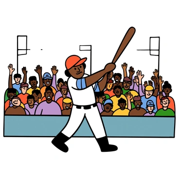 A batter with medium skin and short black hair is swinging a baseball bat, captured mid-action with determination on his face. He is wearing a white jersey with blue stripes and a red cap. In the background, a large crowd in the stadium stands up, their arms raised in excitement. The crowd is a mix of people, exhibiting a variety of skin tones and hairstyles, all focused on the batter. Bright stadium lights illuminate the scene, enhancing the atmosphere of anticipation.