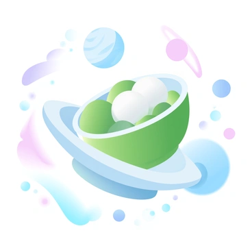 A bowl of cendol is floating in a zero-gravity environment. The bowl contains green rice flour jelly, coconut milk, and palm sugar syrup, appearing vibrant and detailed. Surrounding the bowl are various planets with distinct colors and textures, along with twinkling stars scattered in the background. The scene captures a sense of weightlessness, with the cendol appearing as the focal point amidst the cosmic setting.