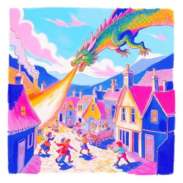 A large dragon with emerald green scales is soaring above a medieval village. Its eyes are fierce, and it is exhaling a stream of bright orange flames towards thatched-roof houses. The fire illuminates the scene, casting dramatic shadows. Villagers are depicted in various poses of panic, some running with fear etched on their faces, while others clutch their children and attempt to escape the chaos. The cobblestone streets are filled with overturned carts and scattered belongings. Smoke billows into the sky, blending with the vibrant colors of the dragon and the village.