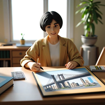 An illustrator creating a detailed drawing of the Brooklyn Bridge