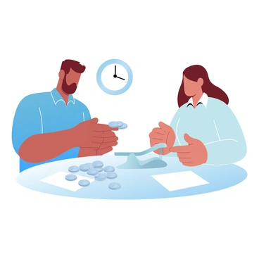 A man and a woman are sitting at a table, both focused on sorting through a pile of coins. The man has a small stack of coins in front of him, while the woman has a visibly smaller stack next to hers. Each of them is wearing a work uniform, with the man in a blue shirt and the woman in a light green shirt. The table is cluttered with coins and a few scattered papers. A scale is placed between them, hinting at a measurement or evaluation process. A small clock is visible on the wall behind them, indicating the time spent on their tasks.