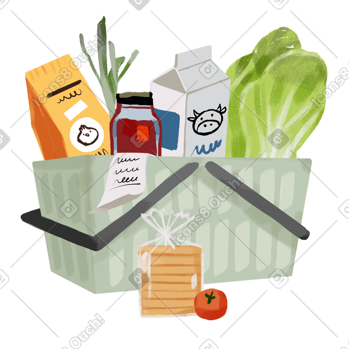 Cesto pieno di generi alimentari illustrazione in stile Ikigai scarica in PNG, SVG