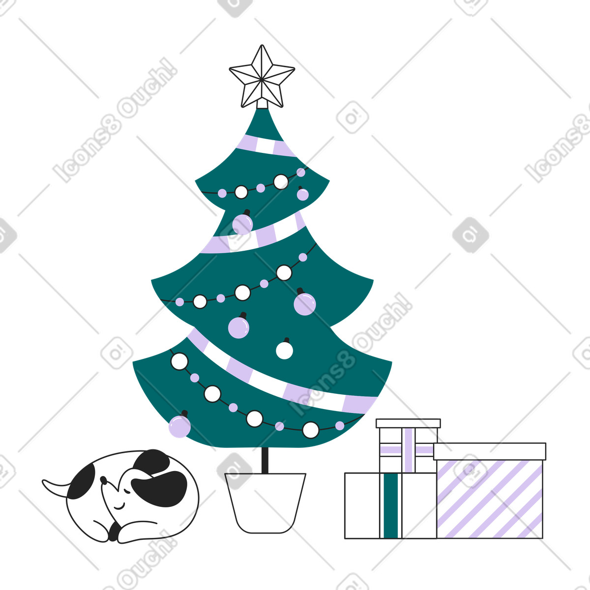 Gift boxes under festive tree with baubles, Christmas home preparation illustrazione animata in stile Sammy Line scaricabile in GIF, Lottie (JSON), AE