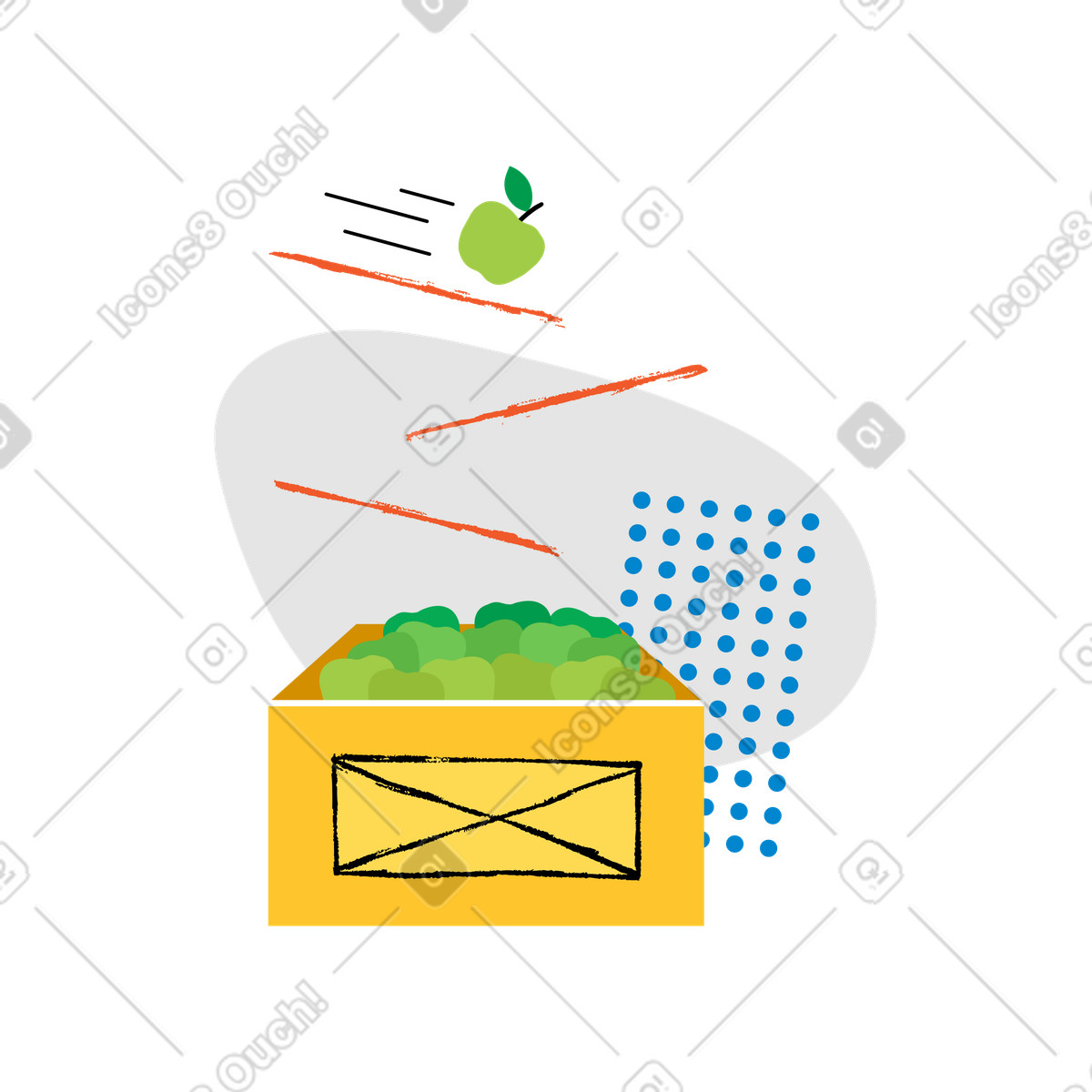 Green apple bouncing into a basket full of other apples illustration in PNG, SVG