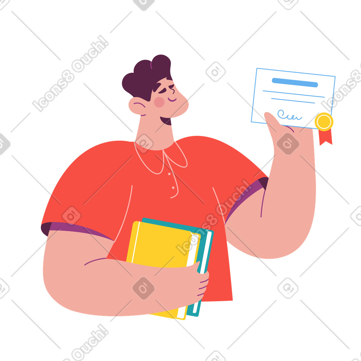 Sammy 스타일의 Student with certificate in hand, Graduation or course completion 일러스트레이션 PNG, SVG 다운로드