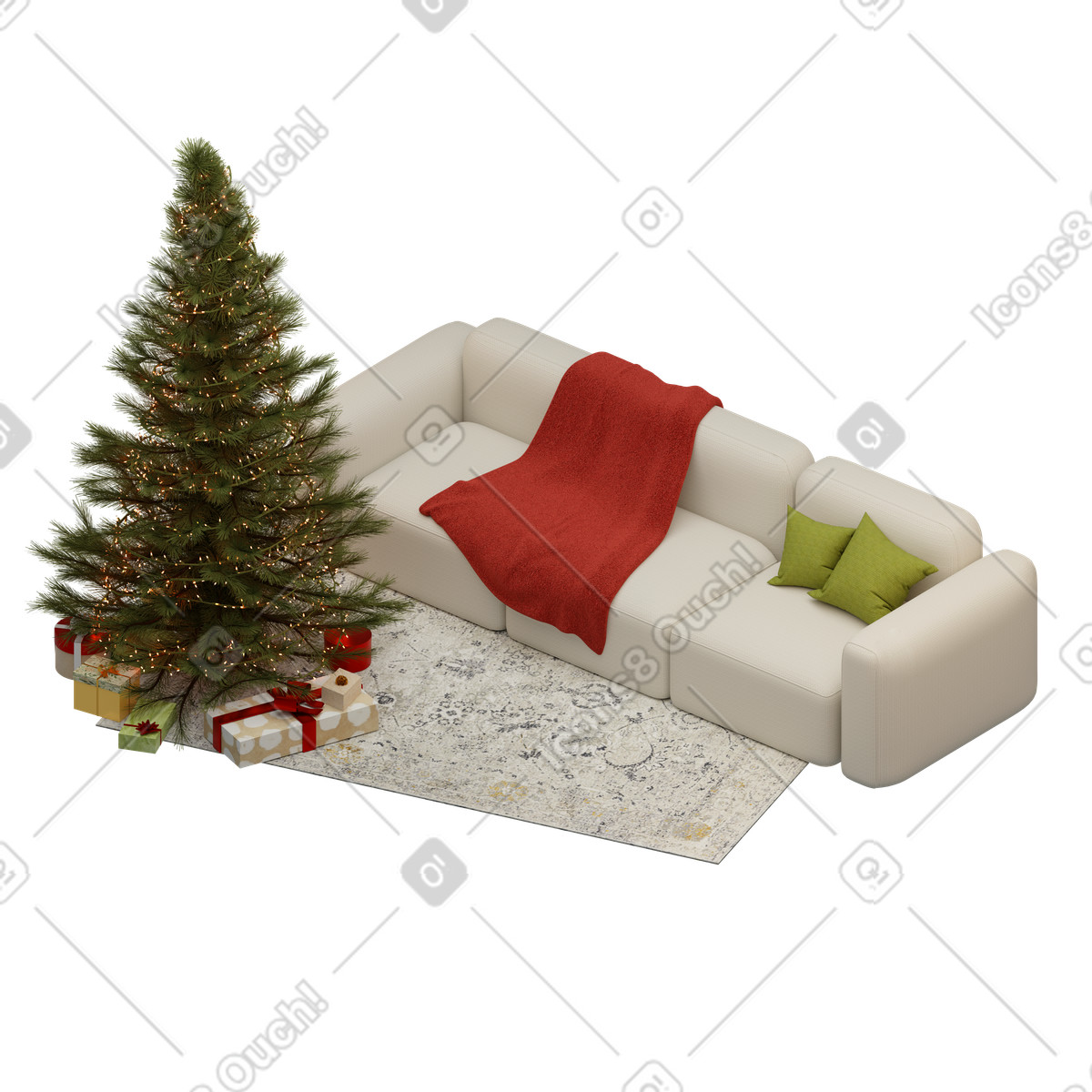 Isometric white sofa by the christmas tree illustration in 3D Rooms style download in PNG, SVG