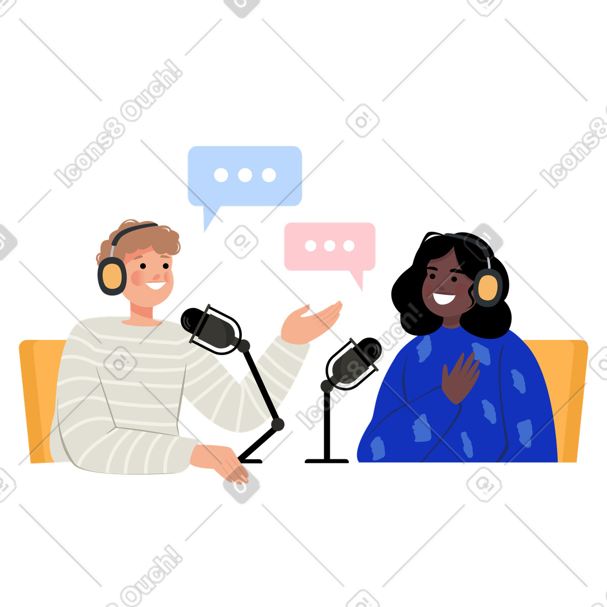 Mädchen und ihr freund nehmen einen podcast auf-Illustration im Lagom-Stil als Download in PNG, SVG
