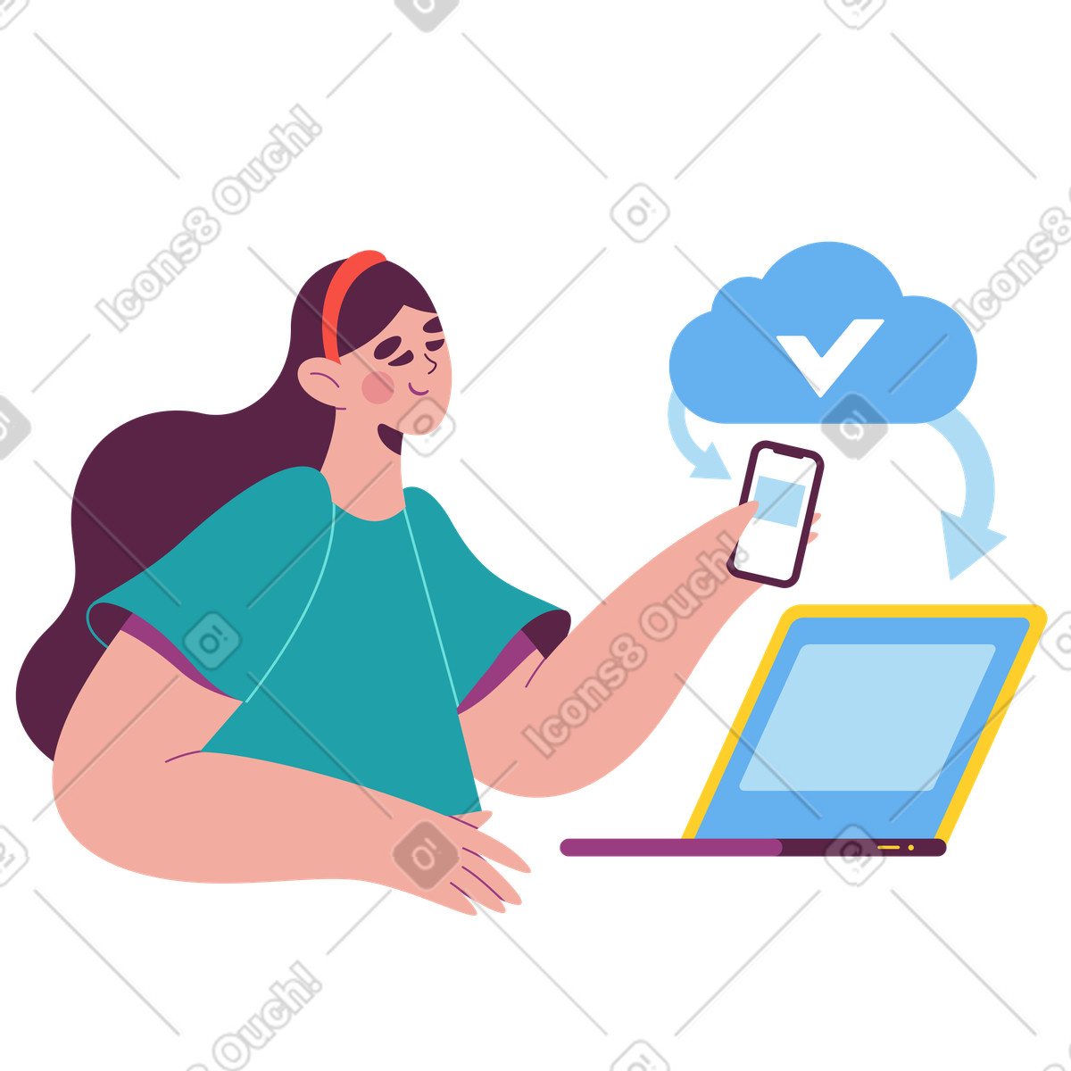 Illustration User transferring files between phone and laptop, Cloud storage file sharing dans le style Sammy à télécharger aux formats PNG, SVG