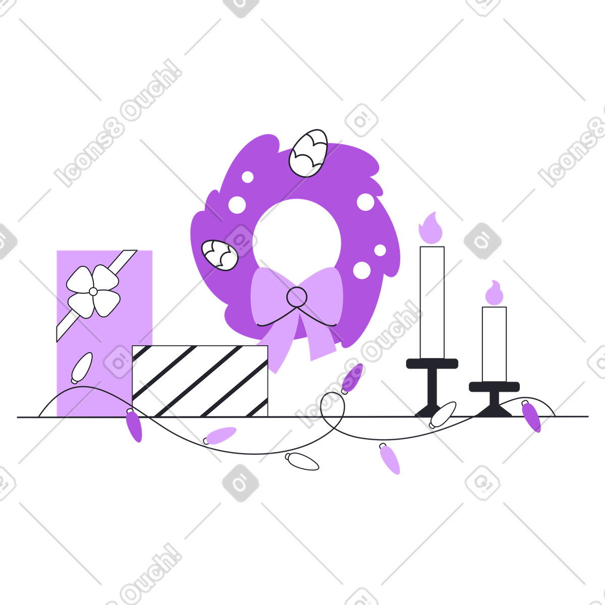 Ilustração de Wrapped presents and festive wreath, Christmas home decor em no estilo Grapy para baixar em PNG, SVG