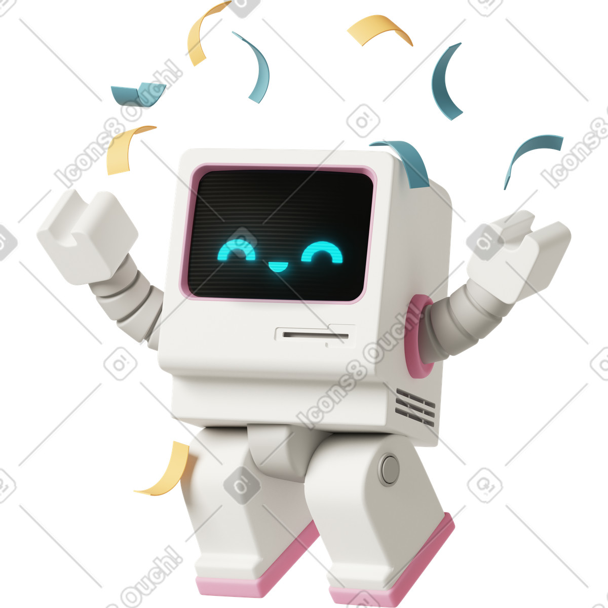 Retro robot jumping with confetti, Fun tech mascot illustration in 3D Casual life style download in PNG, SVG
