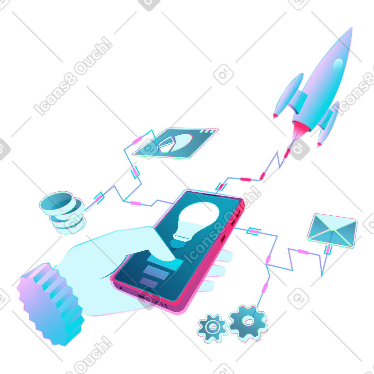 Hand mit einem smartphone und dem start eines startups-Illustration im Neon-Stil als Download in PNG, SVG
