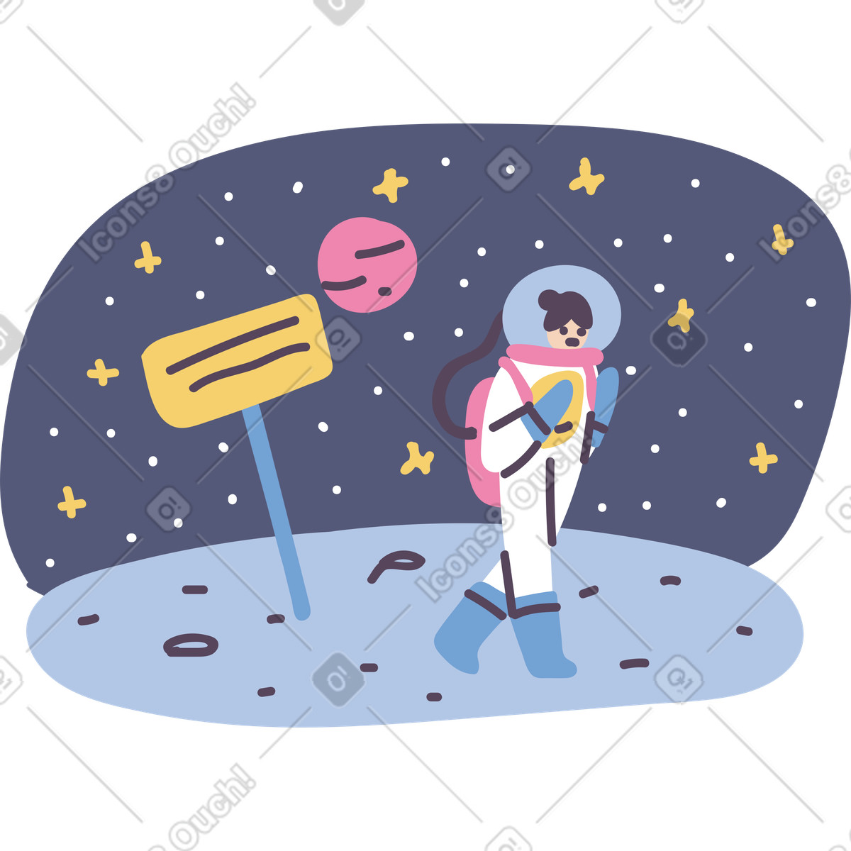 Astronaut walking on moon surface, Launch or arrival announcement illustration in Pluto style download in PNG, SVG