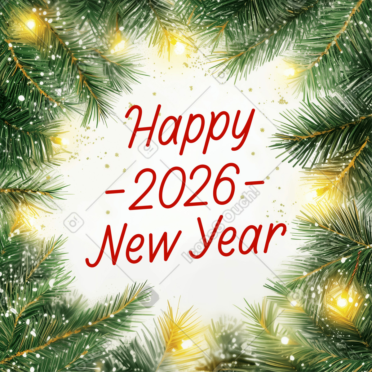 Happy New Year lettering in fir tree branches frame illustration Postcards style download PNG, SVG