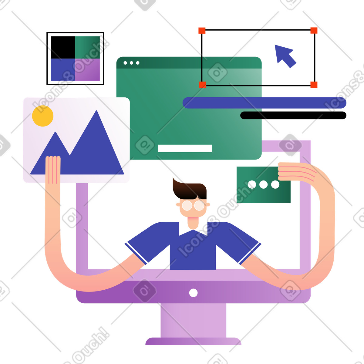 Man creating website from computer illustration in Wavy style download in PNG, SVG