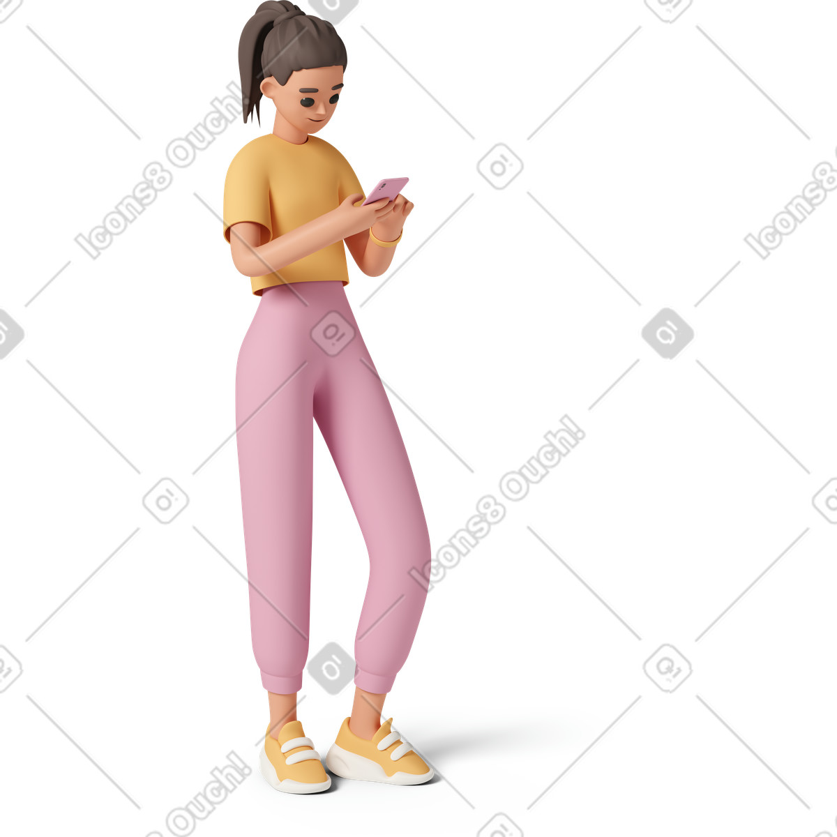 3D Casual life 스타일의 Young woman looking at phone screen 일러스트레이션 PNG, SVG 다운로드