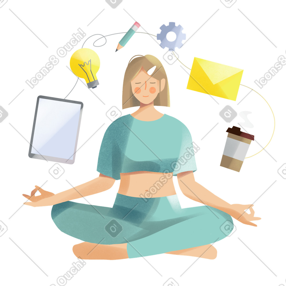 下载 Shine 风格的 Multitasking young woman meditating 动画插图，支持 GIF、Lottie （JSON）、AE 格式