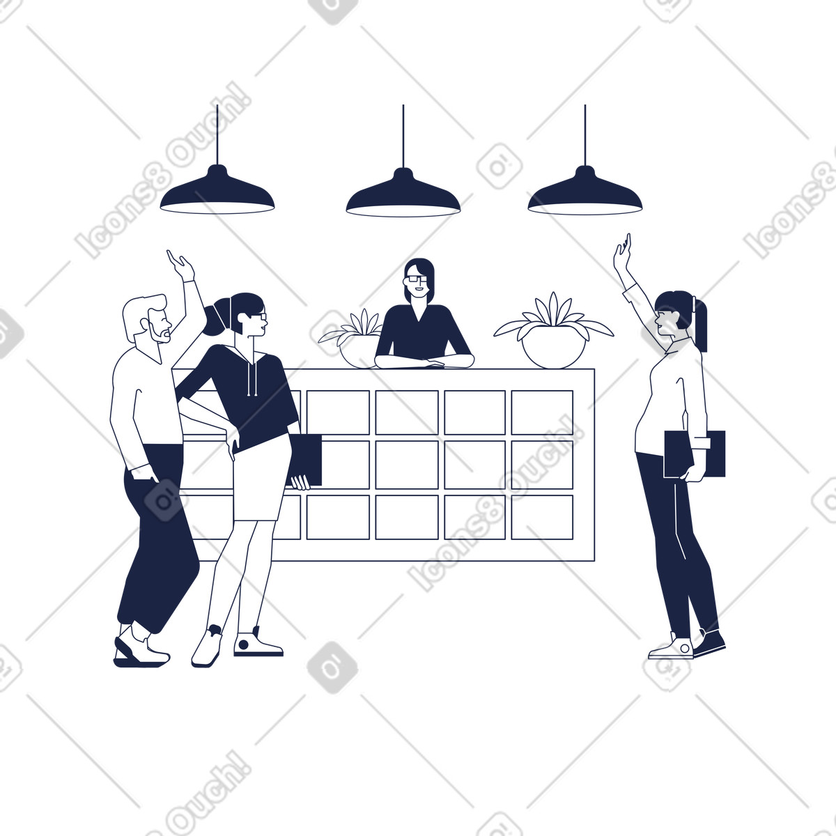 Corporate reception and welcome area, colleagues meeting in lobby illustration Urban Line style download PNG, SVG
