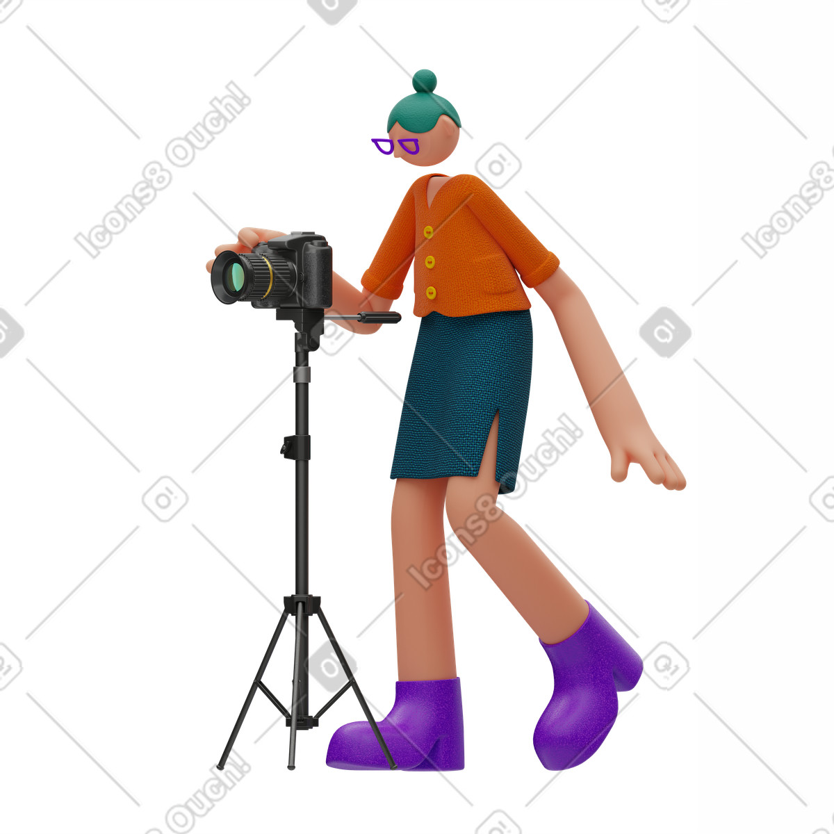 Illustration animée Femme photographe avec appareil photo sur trépied dans le style 3D Rondi à télécharger aux formats GIF, Lottie (JSON), AE