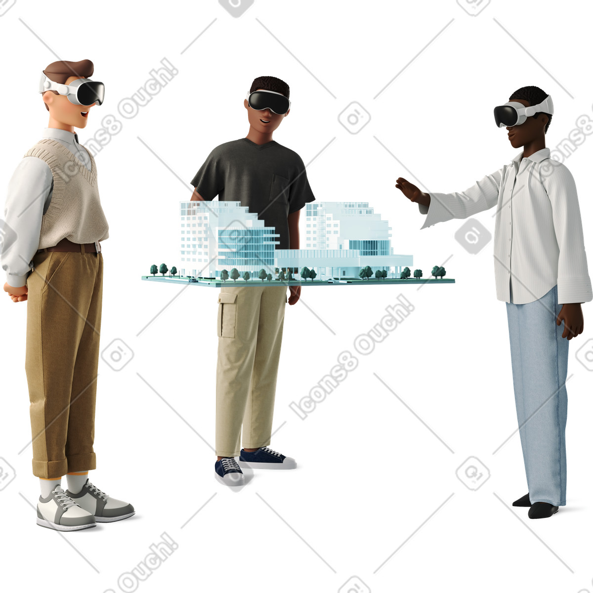 Three people watching a mockup with vr-glasses-Illustration im 3D Business-Stil als Download in PNG, SVG