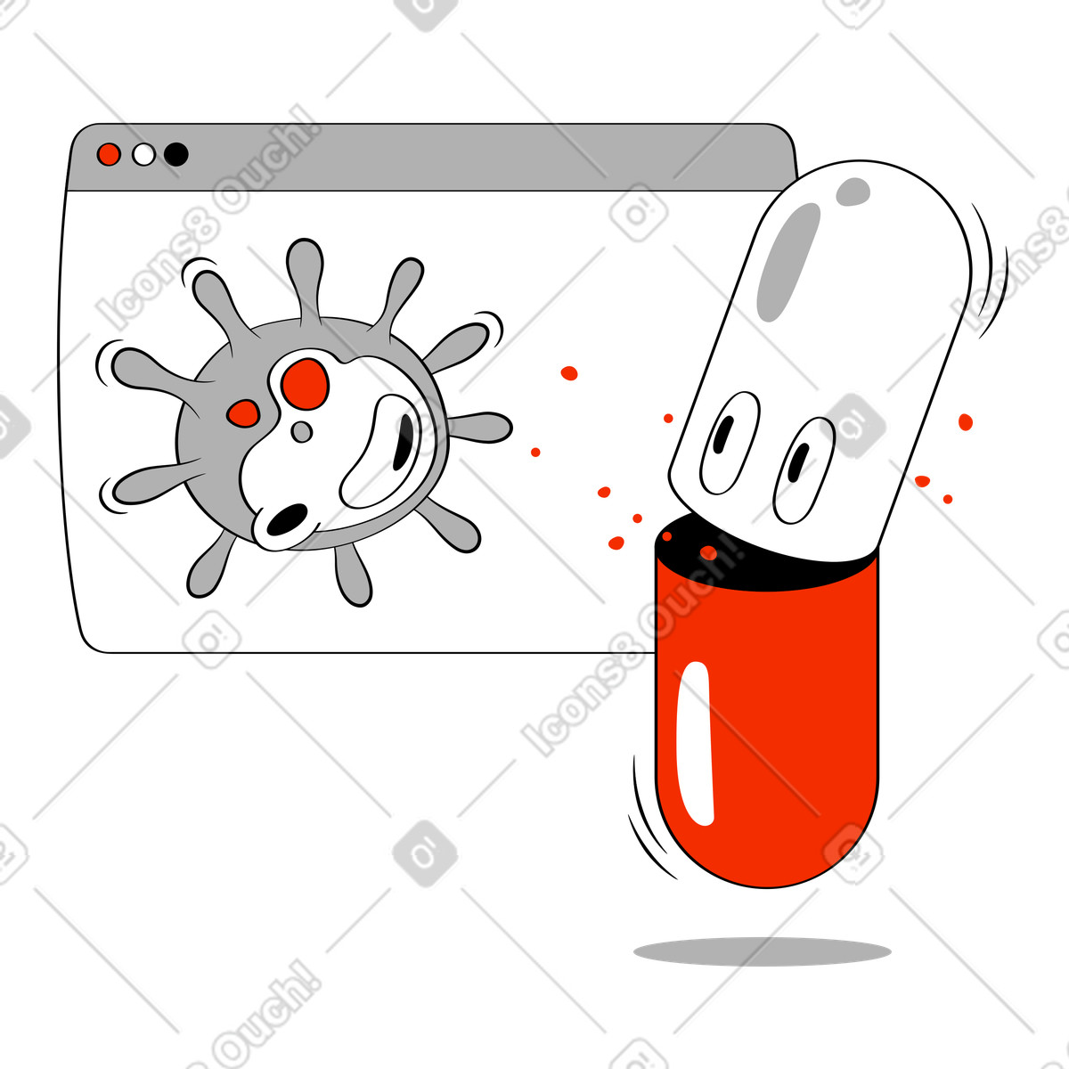 Virus nella finestra del browser e pillola che si guardano illustrazione in stile Looney scarica in PNG, SVG