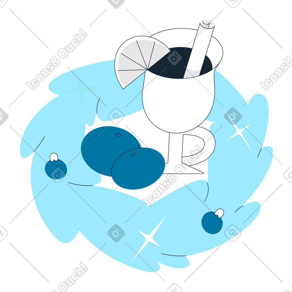 Mulled wine and holiday wreath, Cozy Christmas decor-Illustration im Indigo-Stil als Download in PNG, SVG
