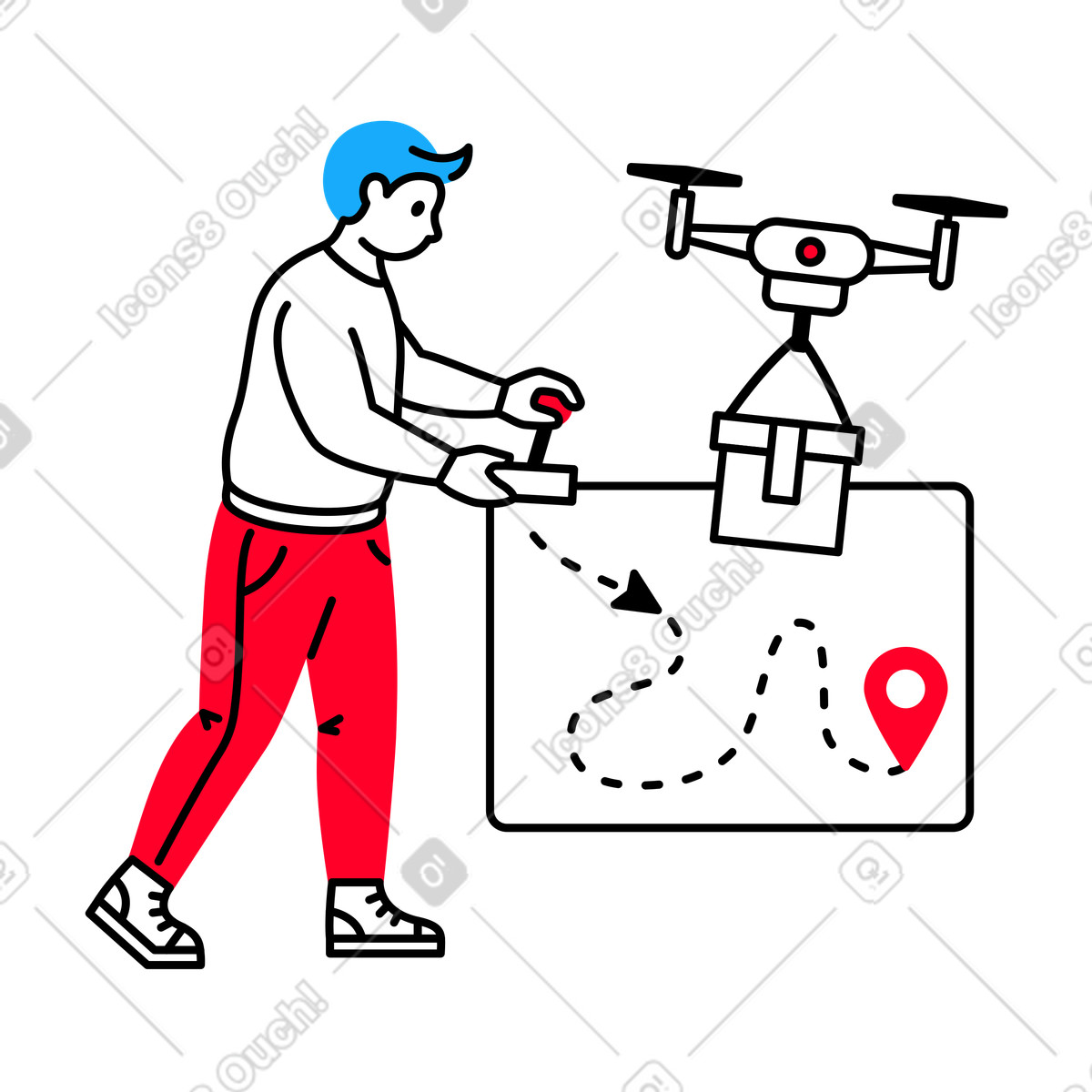 Ilustração de Homem controla um drone que entrega pacote ao seu destino em no estilo Transistor para baixar em PNG, SVG