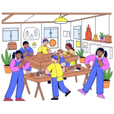 A quaint workshop filled with natural light streaming through large windows. Inside, several artisans are actively crafting beautiful wooden sculptures. One artisan is carving a detailed figure from a large piece of oak, while another polishes a finished sculpture made of cherry wood. Tools like chisels and saws are neatly arranged on a workbench. The walls of the workshop are adorned with various wooden sculptures and sketches, showcasing the artisans' creativity. There are potted plants placed in the corners, adding a touch of greenery to the warm, wooden interior.