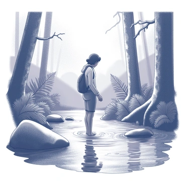 A person is standing in a shallow forest stream. The water flows gently around their legs, creating small ripples. The individual is surrounded by dense, lush greenery, including ferns and tall trees with textured bark. Sunlight filters through the leaves, casting dappled shadows on the water's surface. The scene captures a sense of serenity with the natural elements prominently displayed.