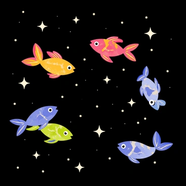 A surreal scene depicting several colorful fish swimming gracefully through an expanse of dark space. Stars twinkle brightly in the background, scattered across the canvas in various sizes. Some fish are vibrant orange with flowing fins, while others are shades of blue and green, featuring intricate patterns on their bodies. The fish appear to be gliding effortlessly, as if floating through a vast ocean, surrounded by glowing celestial bodies and distant galaxies that add to the ethereal atmosphere.