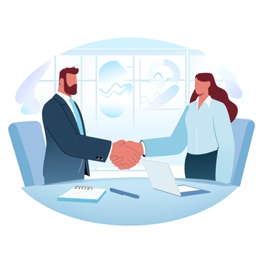 A professional man in a tailored suit is shaking hands with a client, a woman dressed in business attire. The setting of the meeting is a modern office with a large conference table in the background. Sunlight filters through floor-to-ceiling windows, creating a warm atmosphere. A notepad and pen are placed on the table, along with a laptop that displays a presentation. A large chart with positive trends is visible in the background, symbolizing a successful collaboration.