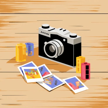 A vintage camera with a shiny black body and silver accents sits prominently on a rustic wooden table. Scattered around the camera are several photographs, showcasing different scenes with vibrant colors. Various film rolls in shades of yellow and red are also placed nearby, some standing upright while others are lying flat. The wooden table has a rough texture, displaying its natural grains and imperfections, enhancing the vintage atmosphere of the scene.
