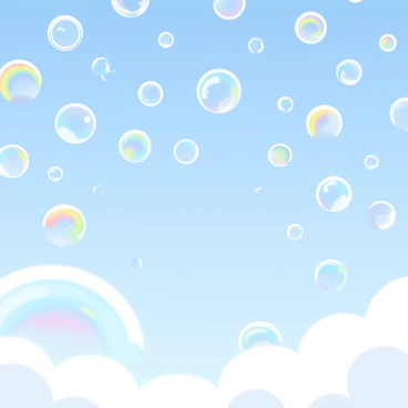 A bright blue sky filled with numerous floating soap bubbles of various sizes instead of clouds. The bubbles shimmer with a rainbow of colors reflecting sunlight. The background features a few birds soaring amidst the bubbles, creating a whimsical atmosphere. Some bubbles are larger and close to the viewer, showcasing delicate surface details and tiny reflections. The scene exudes a playful and lighthearted feel.