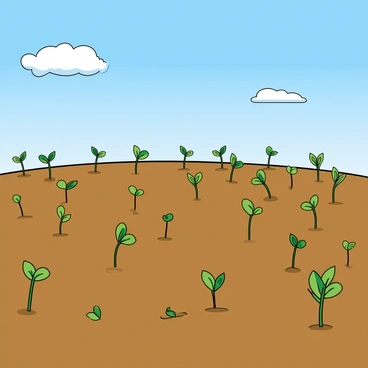 A wide field stretches out under a bright blue sky, filled with tiny green sprouts that are evenly spaced across the brown soil. Each sprout stands upright, showcasing vibrant green leaves that are just beginning to open. The background is dotted with a few fluffy white clouds, casting soft shadows on the field. The sun shines down, illuminating the rich texture of the soil and highlighting the freshness of the new growth. A gentle breeze rustles through the sprouts, creating a slight movement that adds life to the scene.