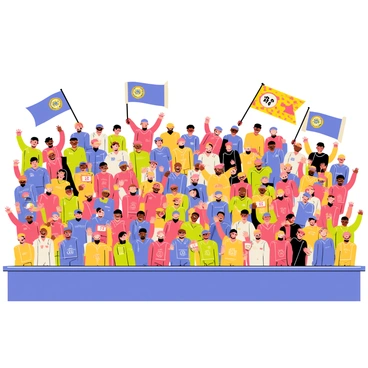 A packed stadium filled with excited football fans. The fans are wearing colorful team jerseys in various designs and colors. Many are waving large flags with team logos and vibrant patterns. Some fans are jumping and cheering, while others are holding their arms up in celebration. The stands are filled to capacity, creating a lively and energetic atmosphere.