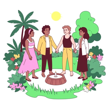 A group of six people of diverse backgrounds is holding hands while standing in a circle. They are positioned in a tranquil garden surrounded by various plants and flowers. The sun casts gentle light through the leaves of surrounding trees. In the center of the circle, there is a small stone altar with a single white candle flickering softly. The expressions on the faces of the people reflect a sense of peace and unity. Each person is dressed in light-colored clothing, and their hands are joined firmly in solidarity. The garden setting features vibrant green grass and colorful blossoms along the edges, creating a serene atmosphere.