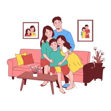 A warm living room features a family gathered together for a casual group portrait. In the center, there are four family members standing closely. The parents, a man and a woman, are smiling, with the man wearing a blue shirt and the woman in a yellow dress. The two children, a boy and a girl, are playfully leaning against their parents. The boy is wearing a teal t-shirt, while the girl has on a white blouse with a colorful skirt. Behind them, a comfortable sofa with a few decorative cushions can be seen, along with a small wooden coffee table that holds a vase of fresh flowers. The walls are adorned with family photos in frames, creating a homely atmosphere.