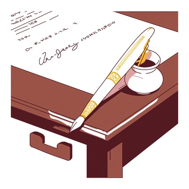 A close-up of a white ceremonial pen resting on a polished dark wooden table. The pen features intricate gold engravings along its barrel, showcasing elegant patterns. Next to the pen, there is a small white ink pot with a delicate gold lid, reflecting soft light. The background subtly hints at a blurred document with a prominent signature line, suggesting the pen's purpose in signing important agreements.