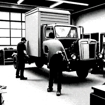 A workshop is filled with tools and equipment essential for vehicle assembly. Two mechanics are focused on assembling a truck that has a "brick-patterned" body. One mechanic is tightening bolts on the chassis, while the other is carefully aligning panels on the side of the truck. The floor is scattered with various mechanical components and tools, contributing to the busy atmosphere. The workshop has a large window letting in natural light, illuminating the scene and highlighting the intricate details of the truck's brick-like surfaces.