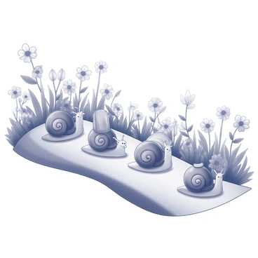 A garden path bordered by vibrant flowers and green plants. Several snails are positioned along the path, each carrying humorous expressions on their faces. The snails are in various stages of movement, some with one foot extended forward. One snail is wearing a tiny, makeshift hat, while another has a small backpack on its shell. A few snails are playfully interacting, with one appearing to be cheering another on. The background includes a detailed array of leaves and flowers, adding depth to the scene.